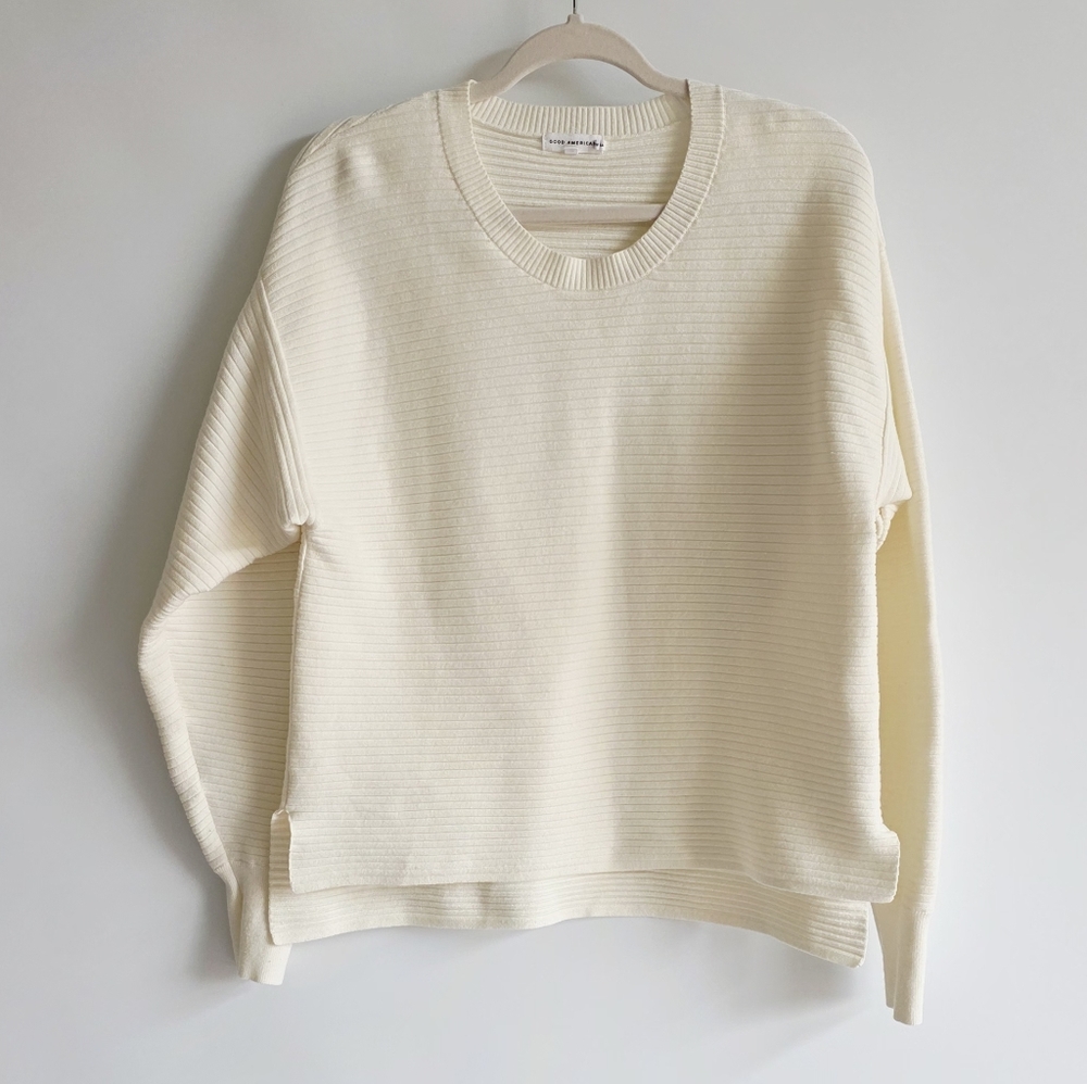 Good American Cream Ribbed Knit Scoop Neck Hi-Lo Sweater Women's Size 2